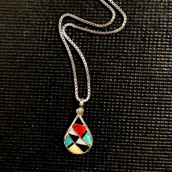 Signed Ralph Lillie Kallestewa RLK Sterling Silver Zuni Inlay Pendant Necklace - Picture 7 of 12